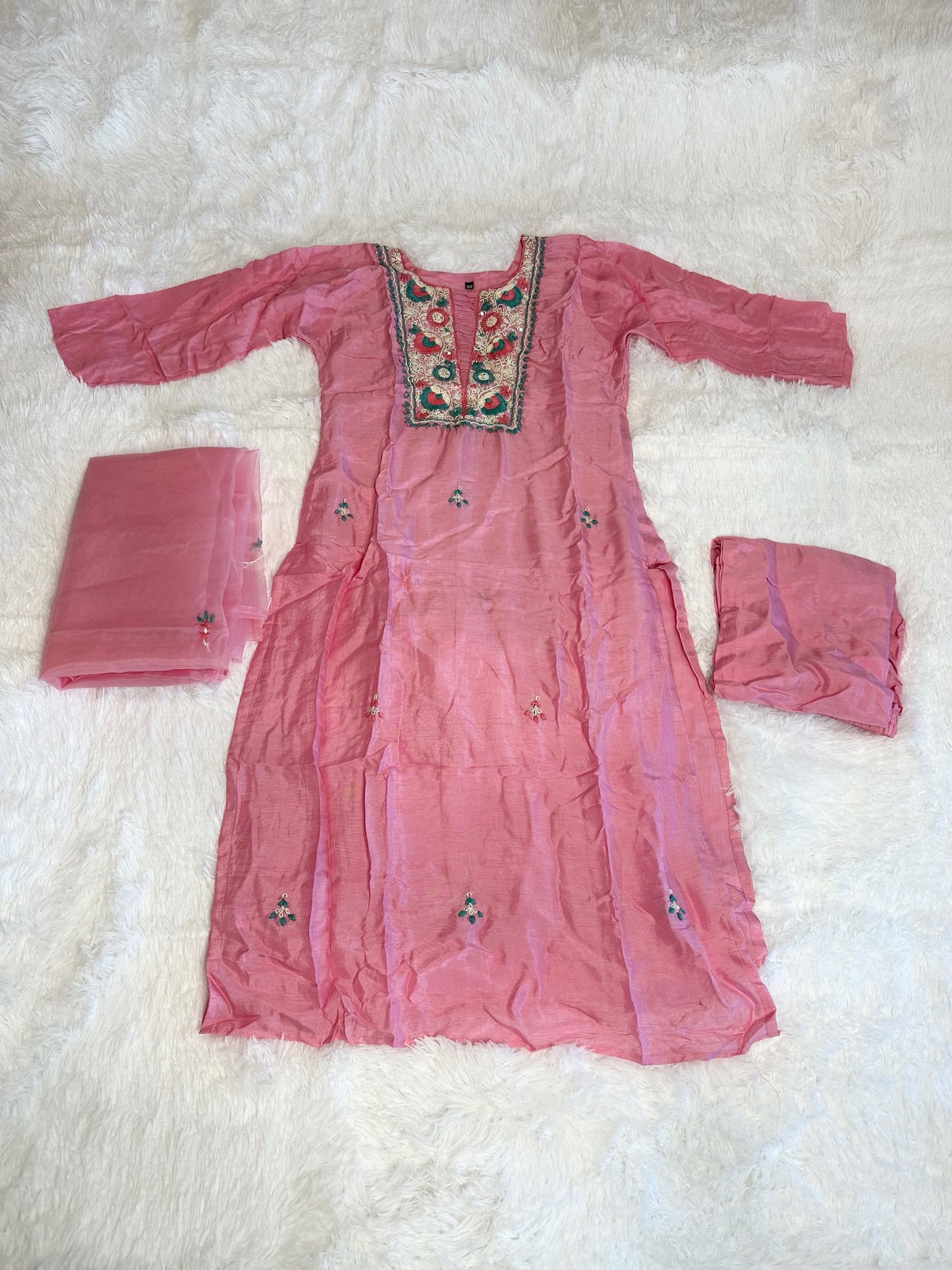 3 piece roman silk suit with bottom and embroidered work dupatta.