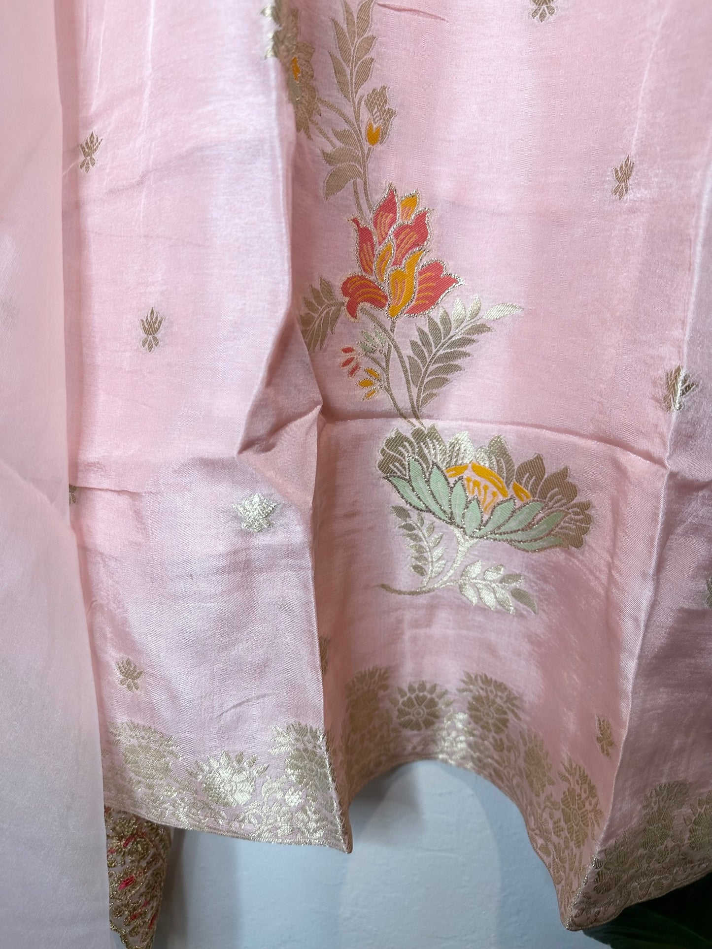 Pastel pink suit with bottom and lace work dupatta.