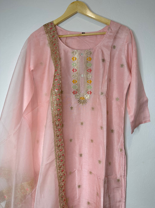 Pastel pink suit with bottom and lace work dupatta.