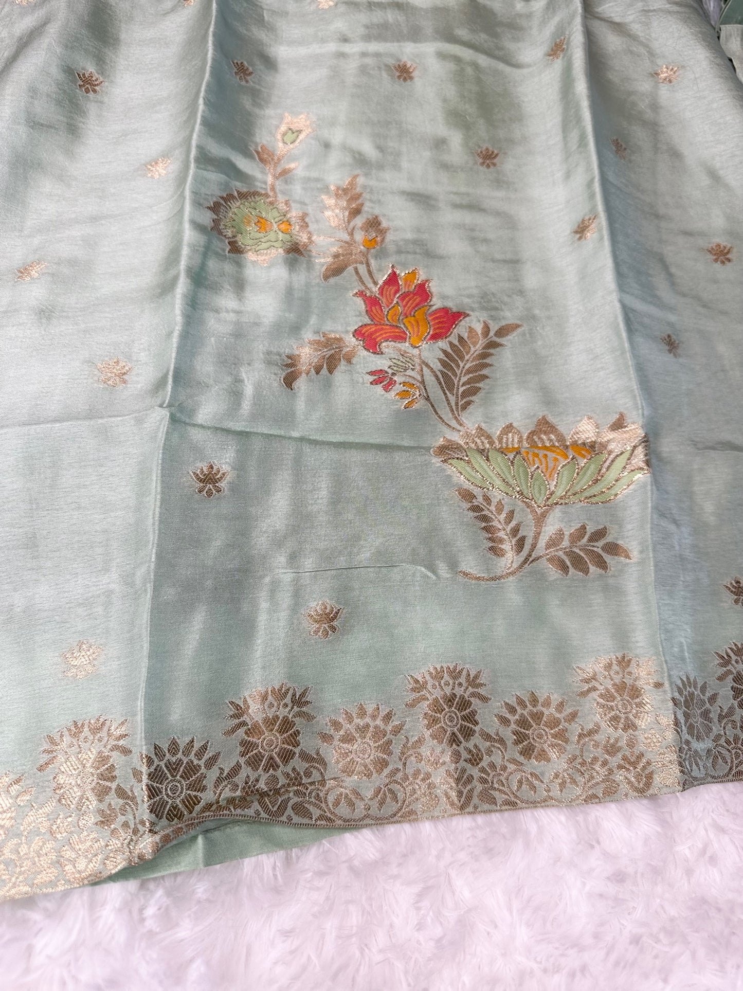 Pastel green suit with bottom and lace work dupatta.