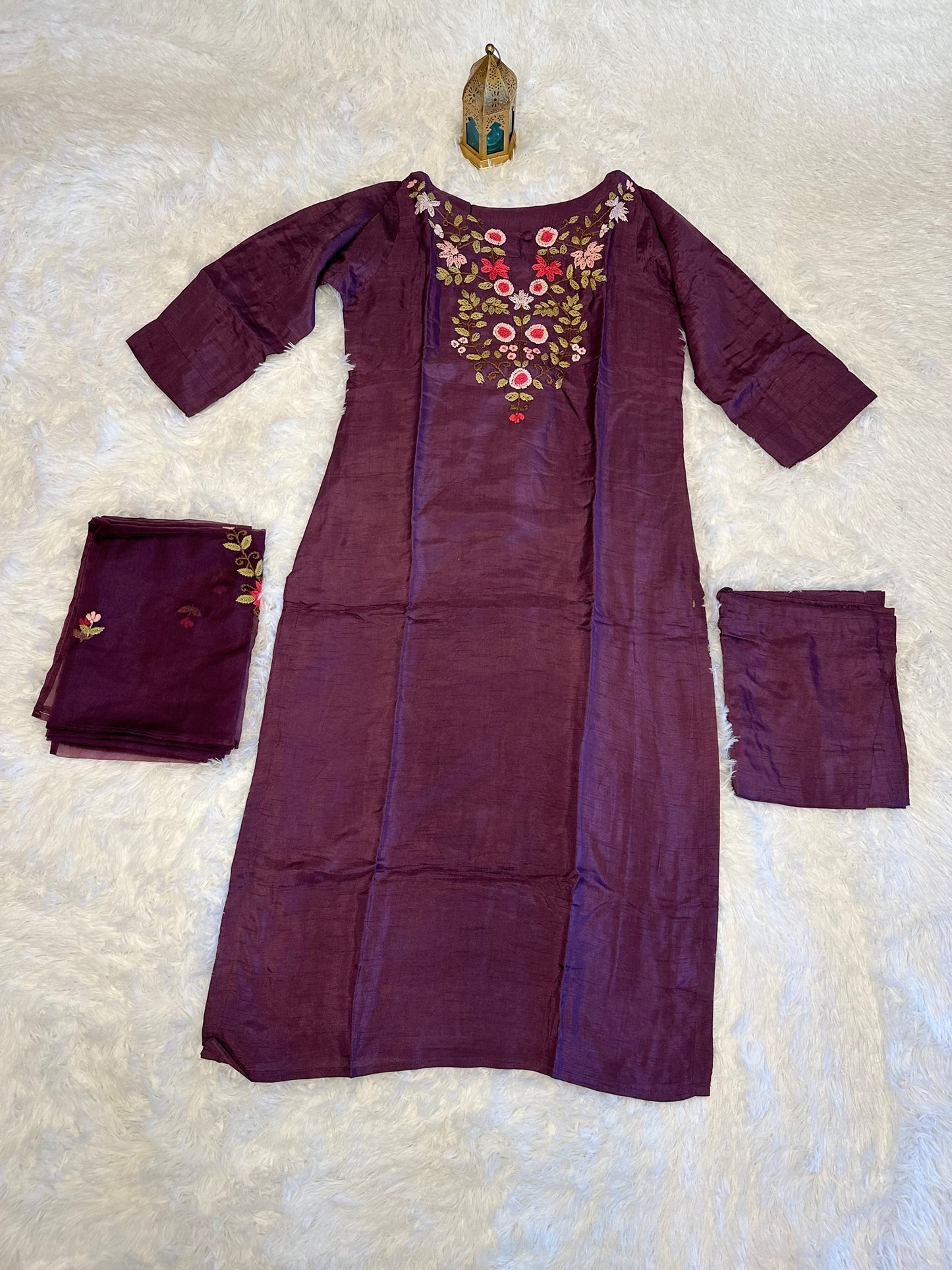 3 piece suit with bottom and embroidered work dupatta.