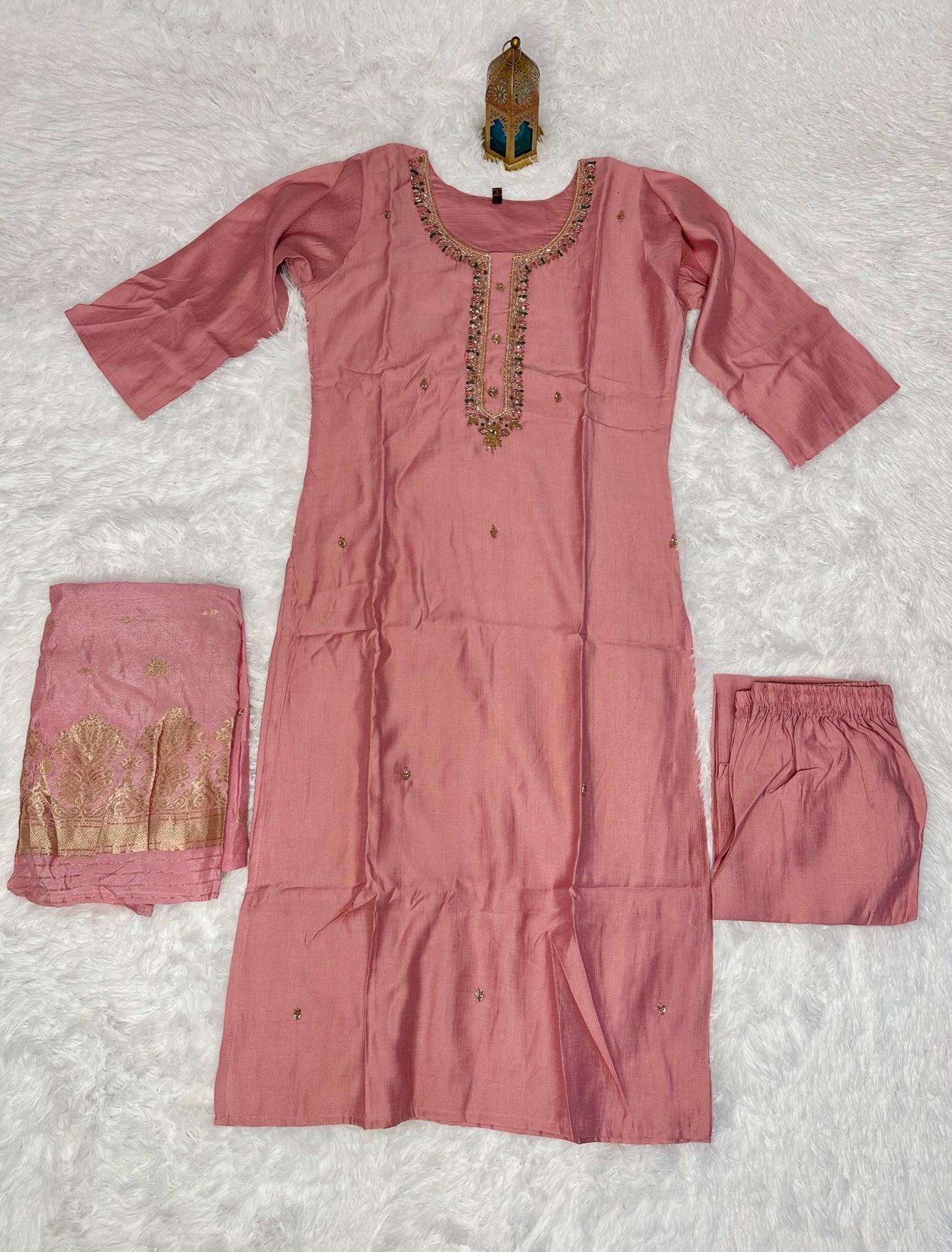 3 piece straight cut suit with bottom and banaras style dupatta.