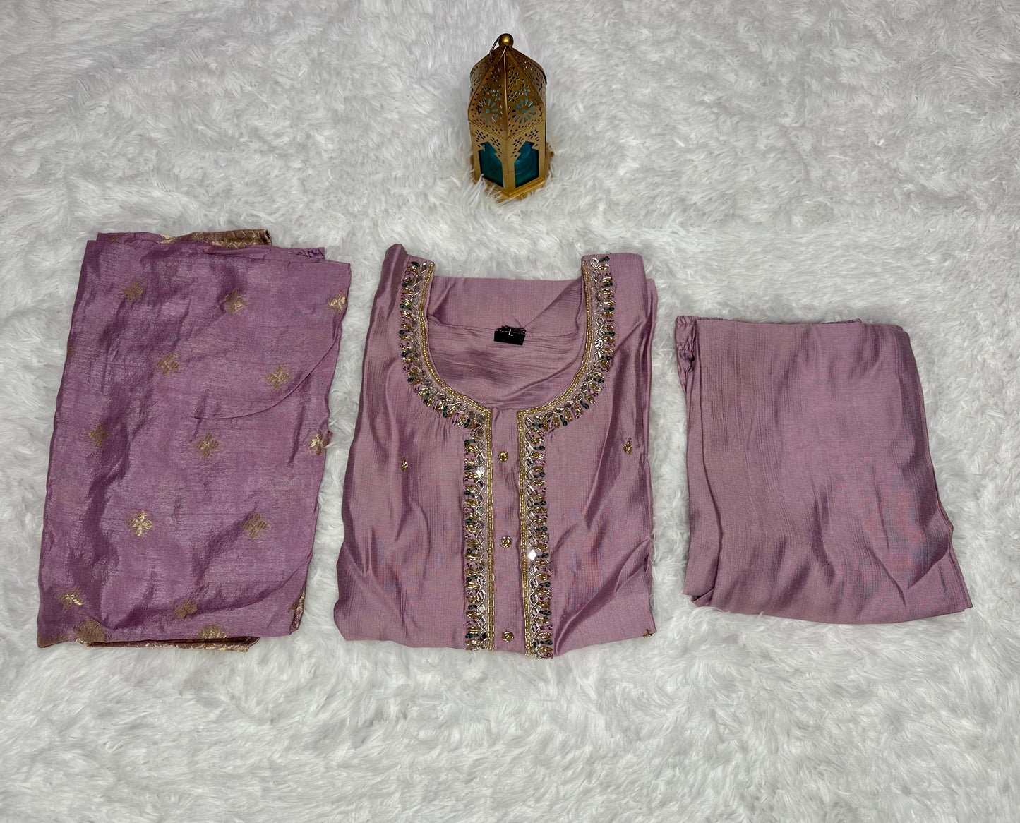 3 piece roman silk suit with bottom and banaras style dupatta.