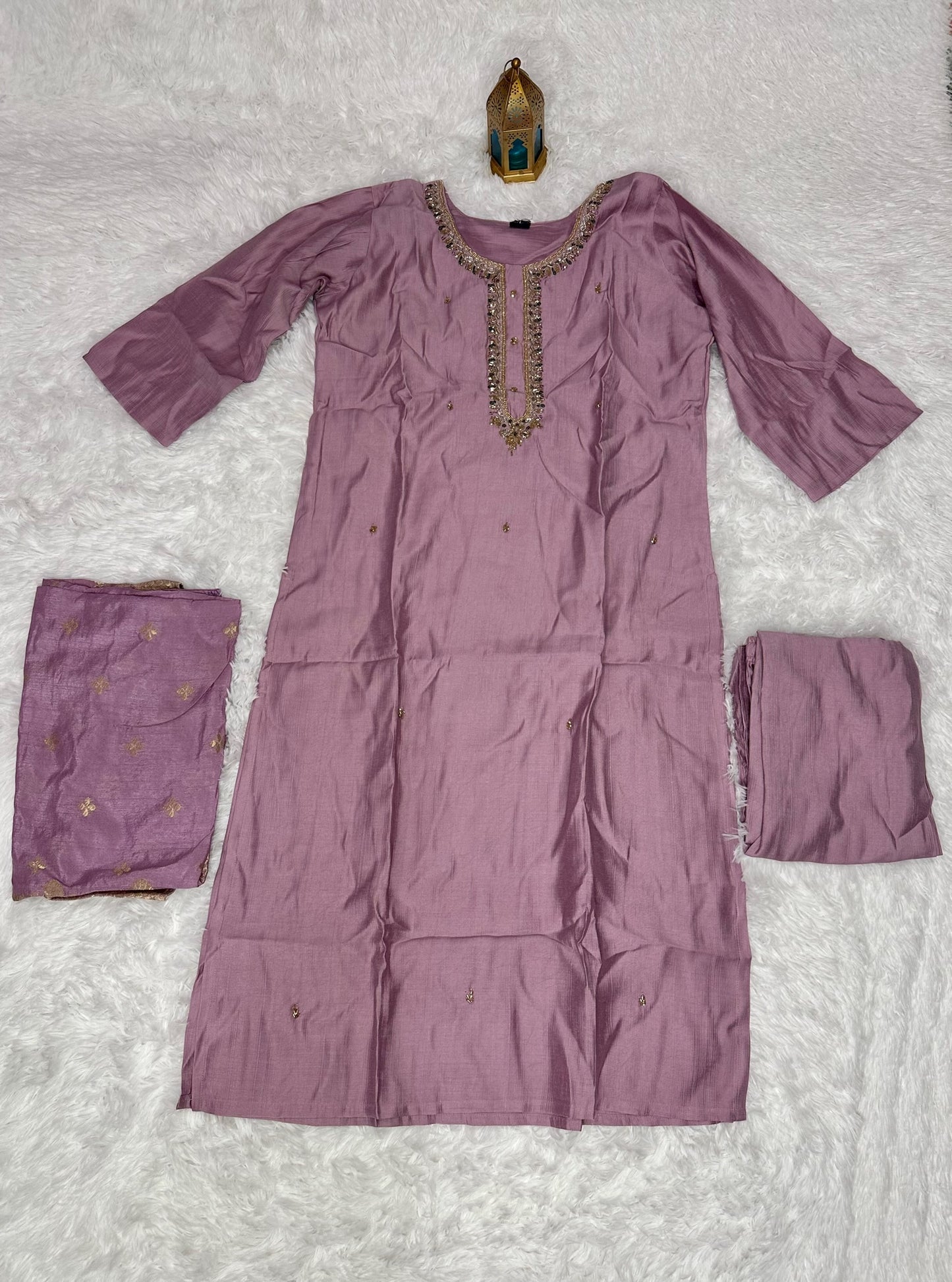 3 piece roman silk suit with bottom and banaras style dupatta.