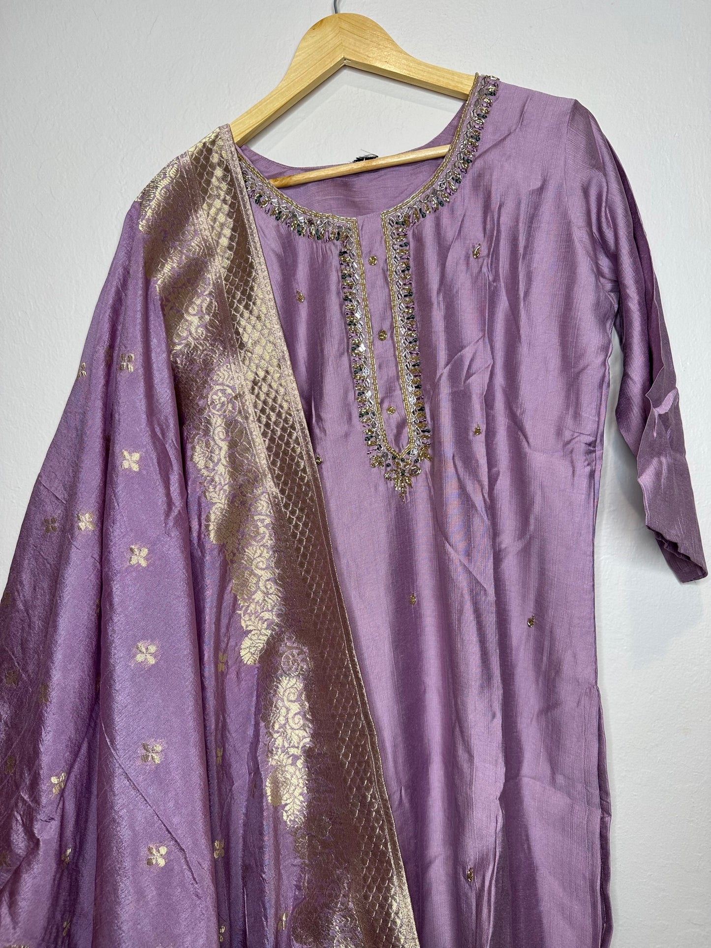 3 piece roman silk suit with bottom and banaras style dupatta.