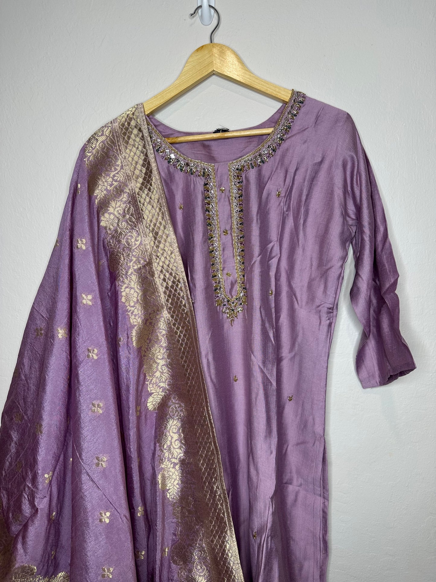 3 piece roman silk suit with bottom and banaras style dupatta.