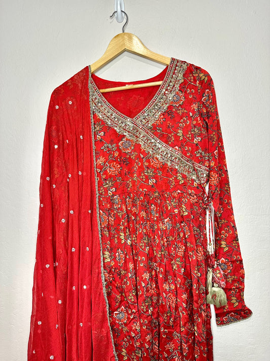 Beautiful red floral print anarkali suit with pant and dupatta.