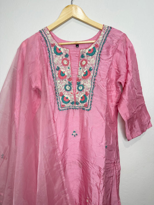 3 piece roman silk suit with bottom and embroidered work dupatta.