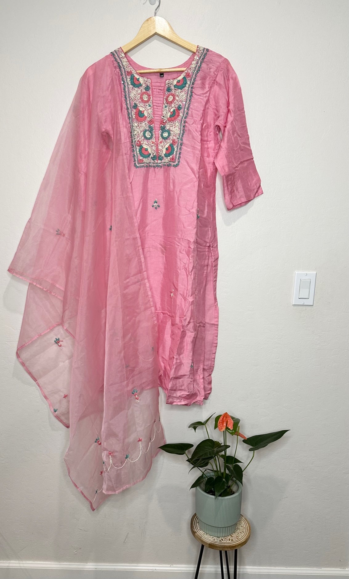 3 piece roman silk suit with bottom and embroidered work dupatta.