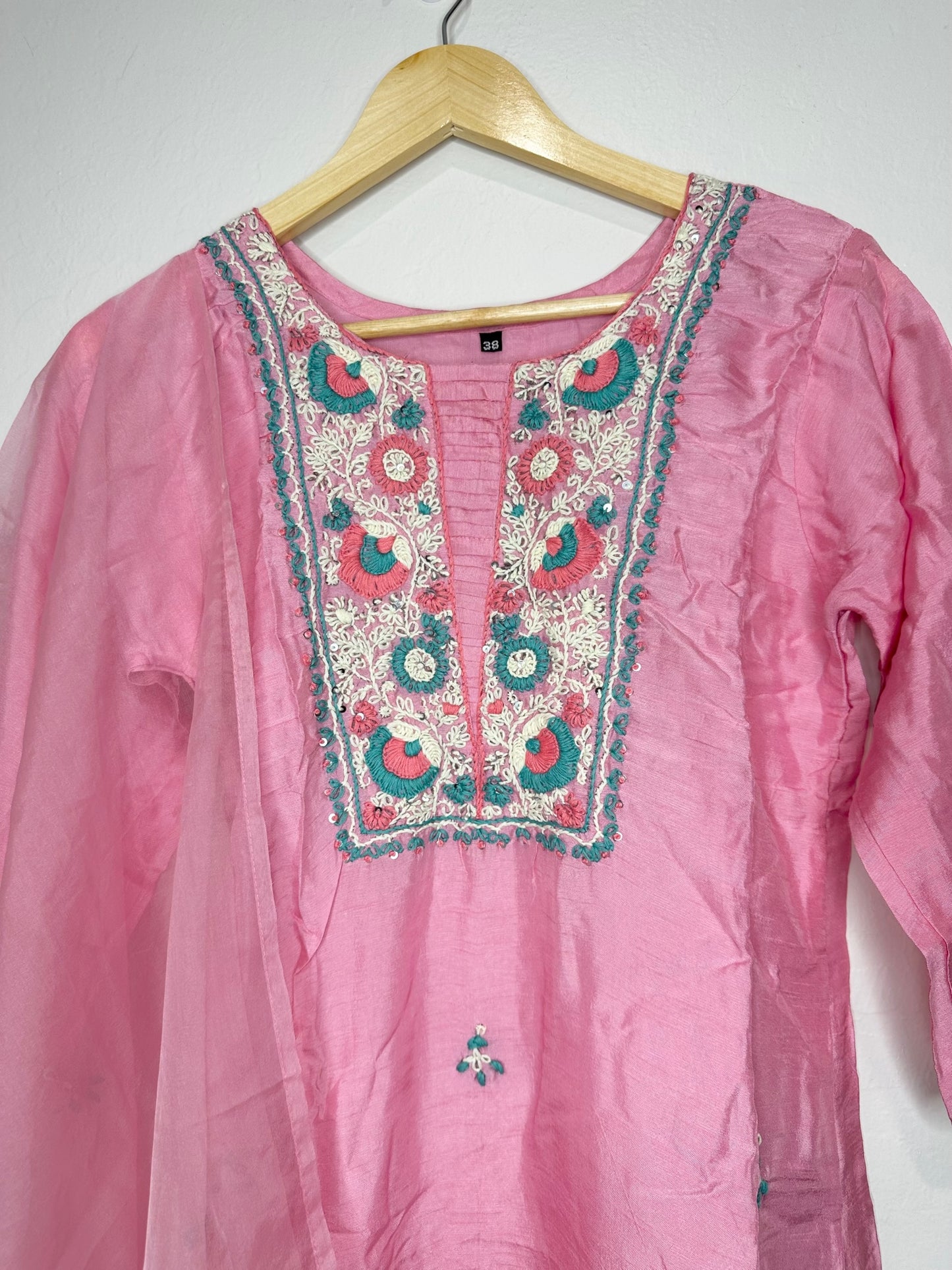 3 piece roman silk suit with bottom and embroidered work dupatta.