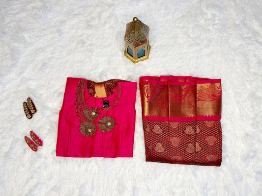 Gorgeous Semi-silk lehenga(pavadai) with aari work top