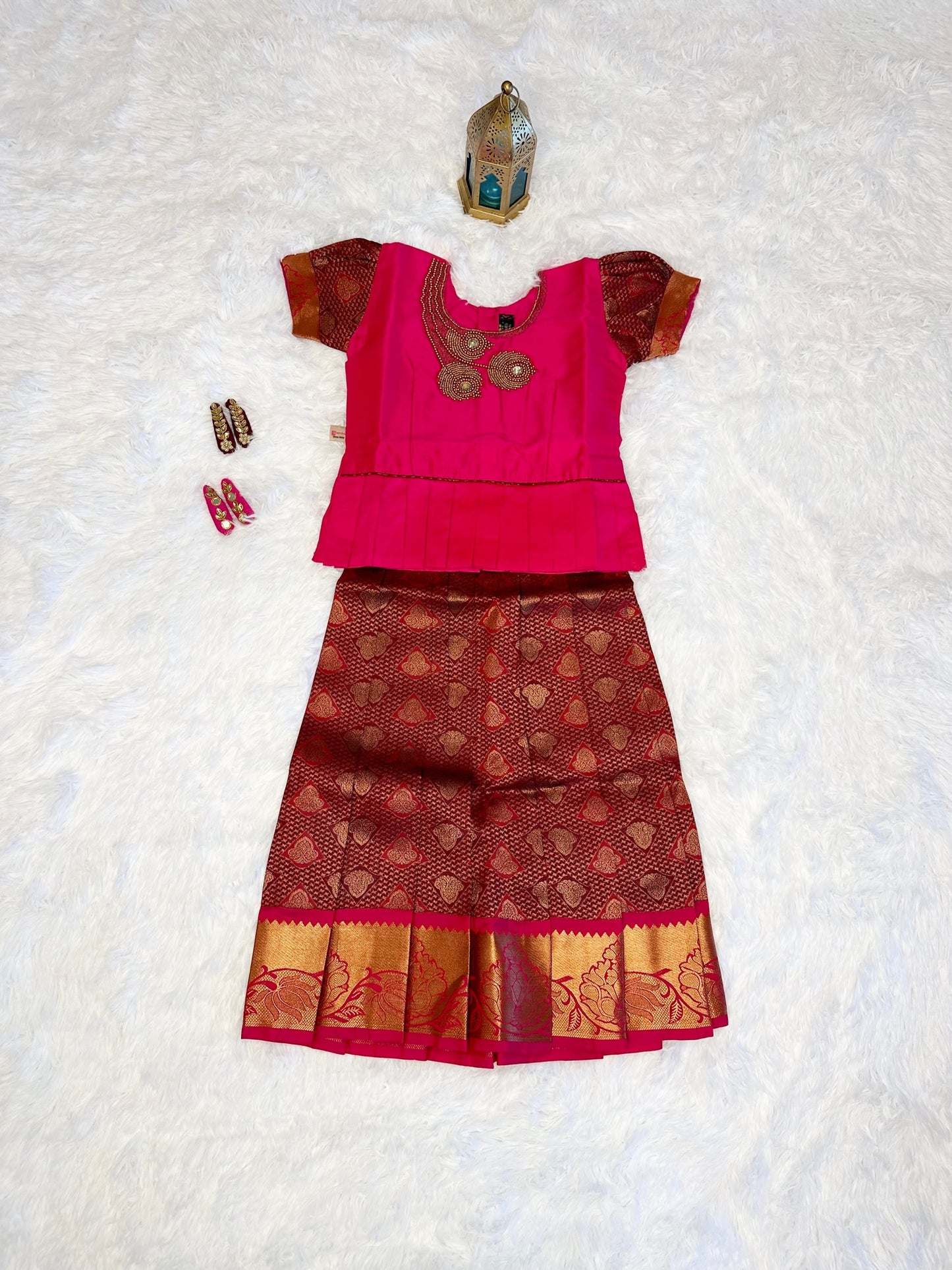 Gorgeous Semi-silk lehenga(pavadai) with aari work top