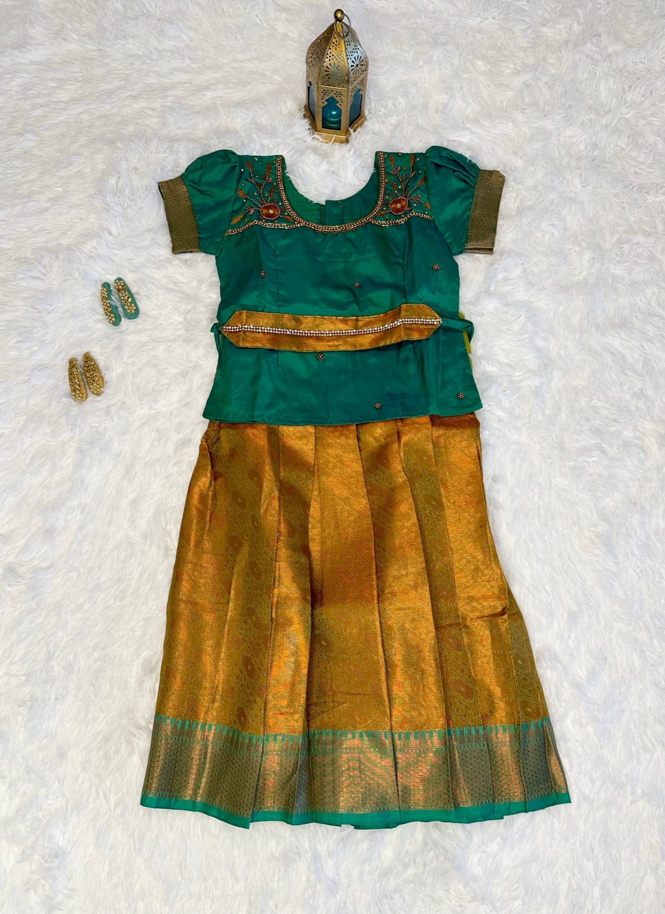 Semi-silk lehenga(pavadai) with blouse and attached hip belt