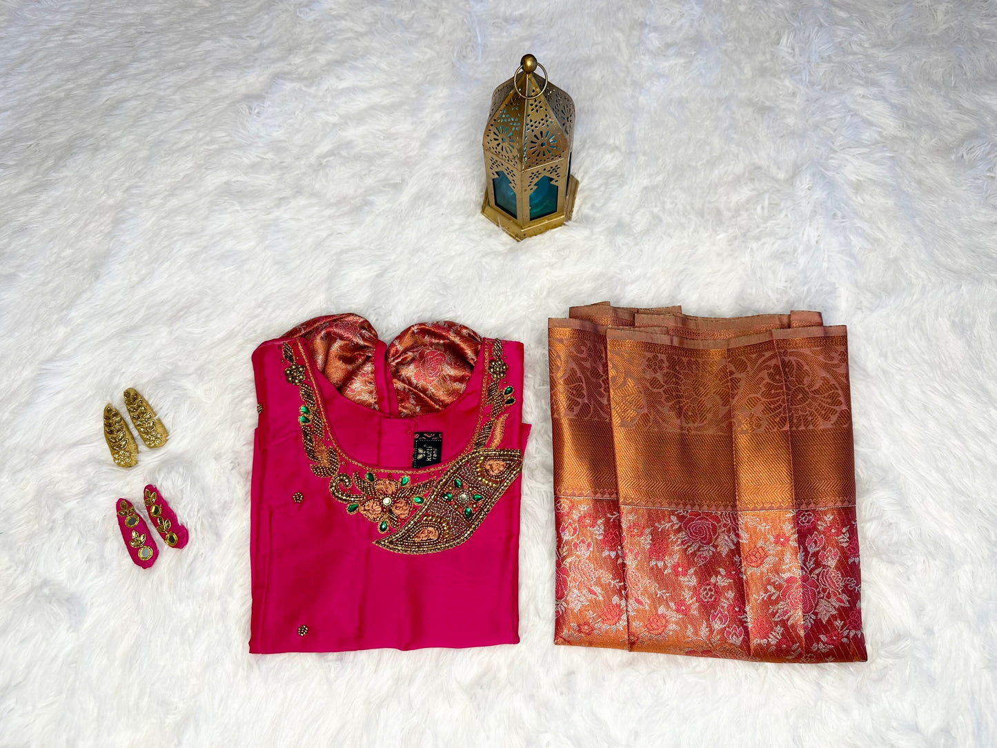 Semi-silk lehenga(pavadai) with aari work blouse(top)