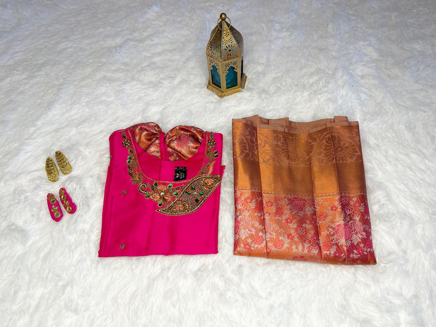 Semi-silk lehenga(pavadai) with aari work blouse(top)