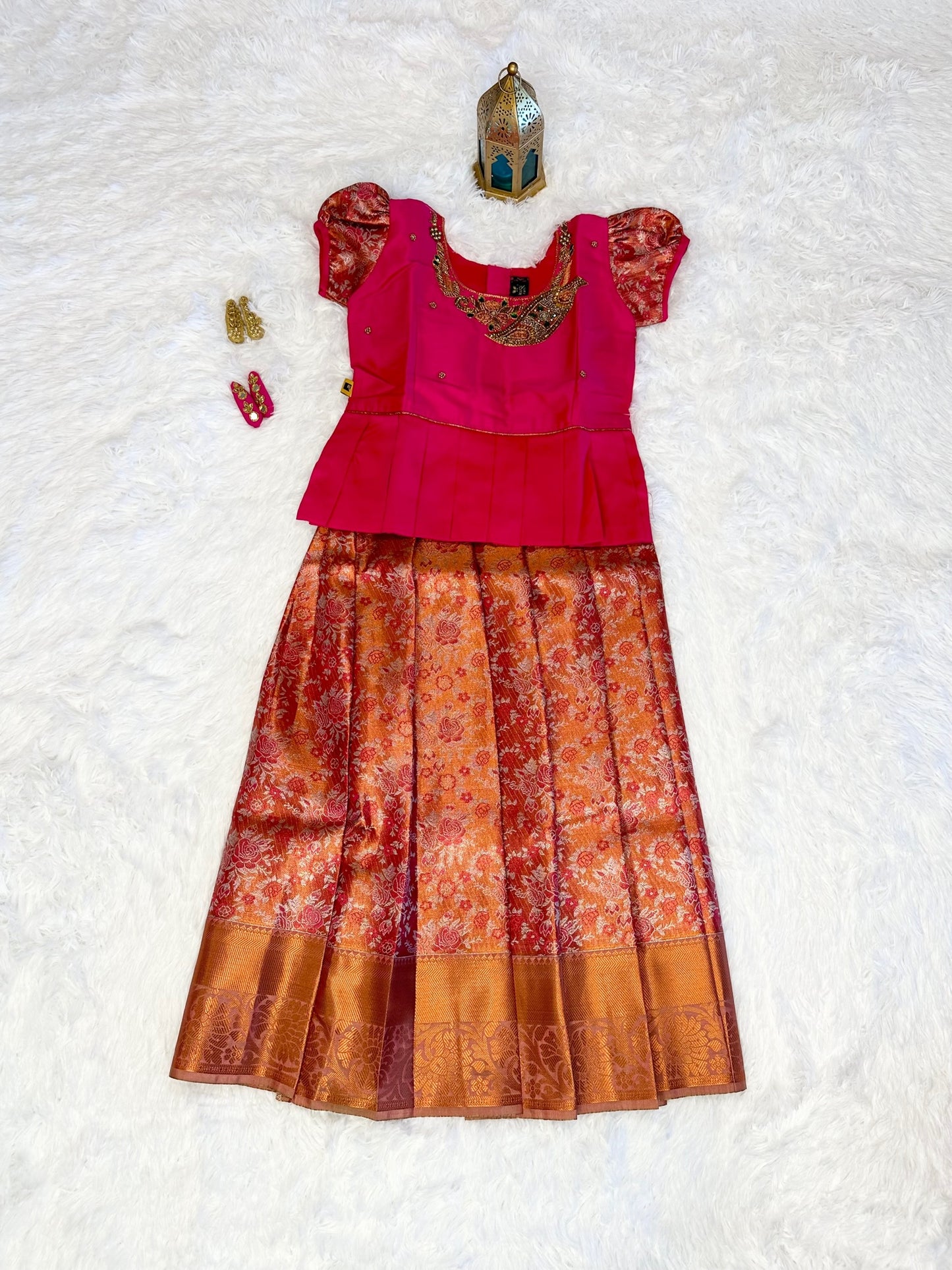 Semi-silk lehenga(pavadai) with aari work blouse(top)