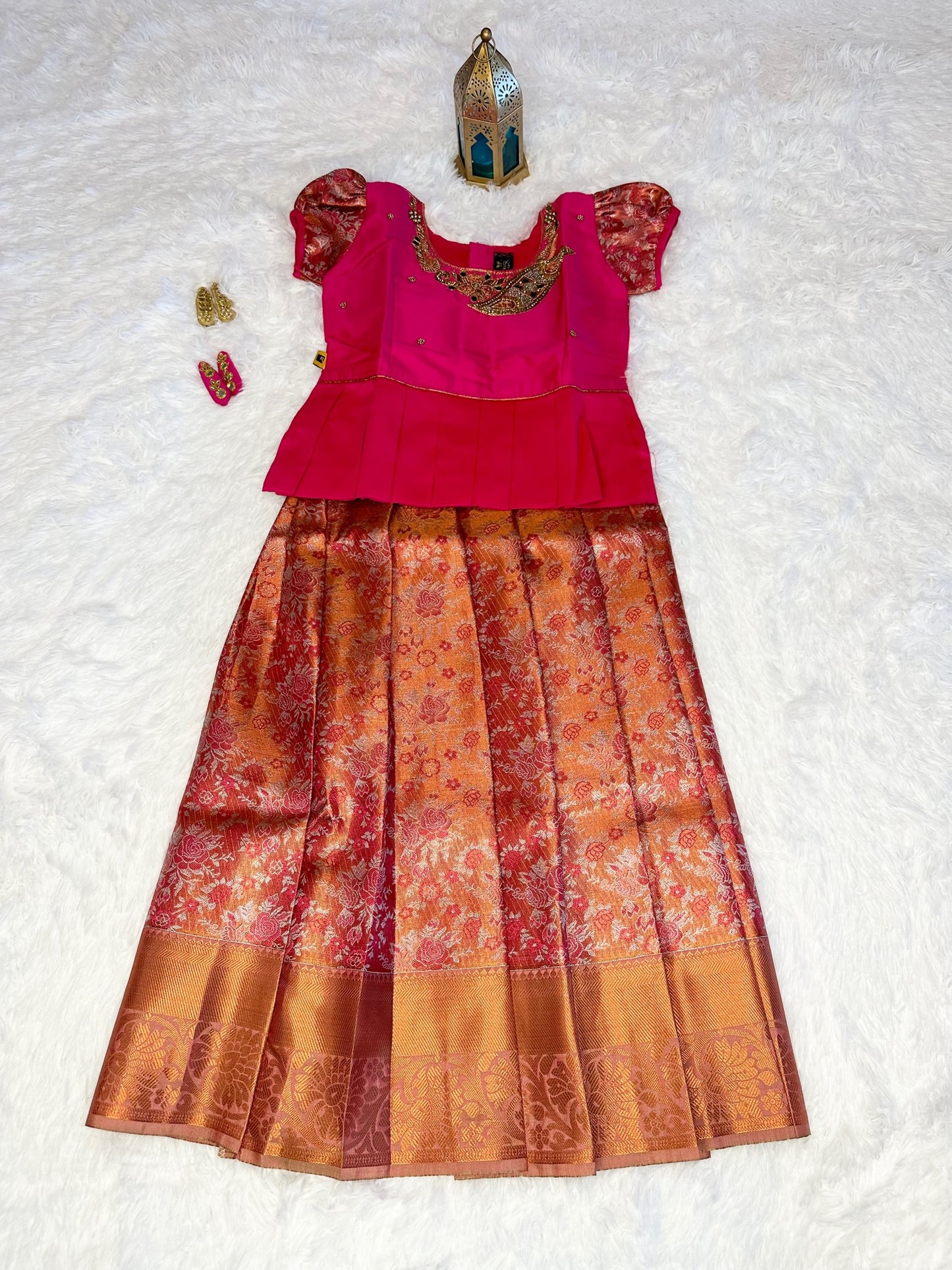 Semi-silk lehenga(pavadai) with aari work blouse(top)