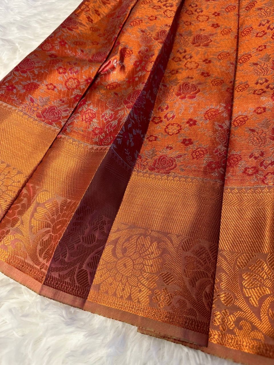 Semi-silk lehenga(pavadai) with aari work blouse(top)