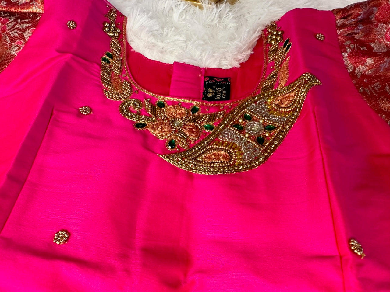 Semi-silk lehenga(pavadai) with aari work blouse(top)