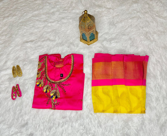 Beautiful silk cotton lehenga(pavadai) set with embroidered blouse(top)