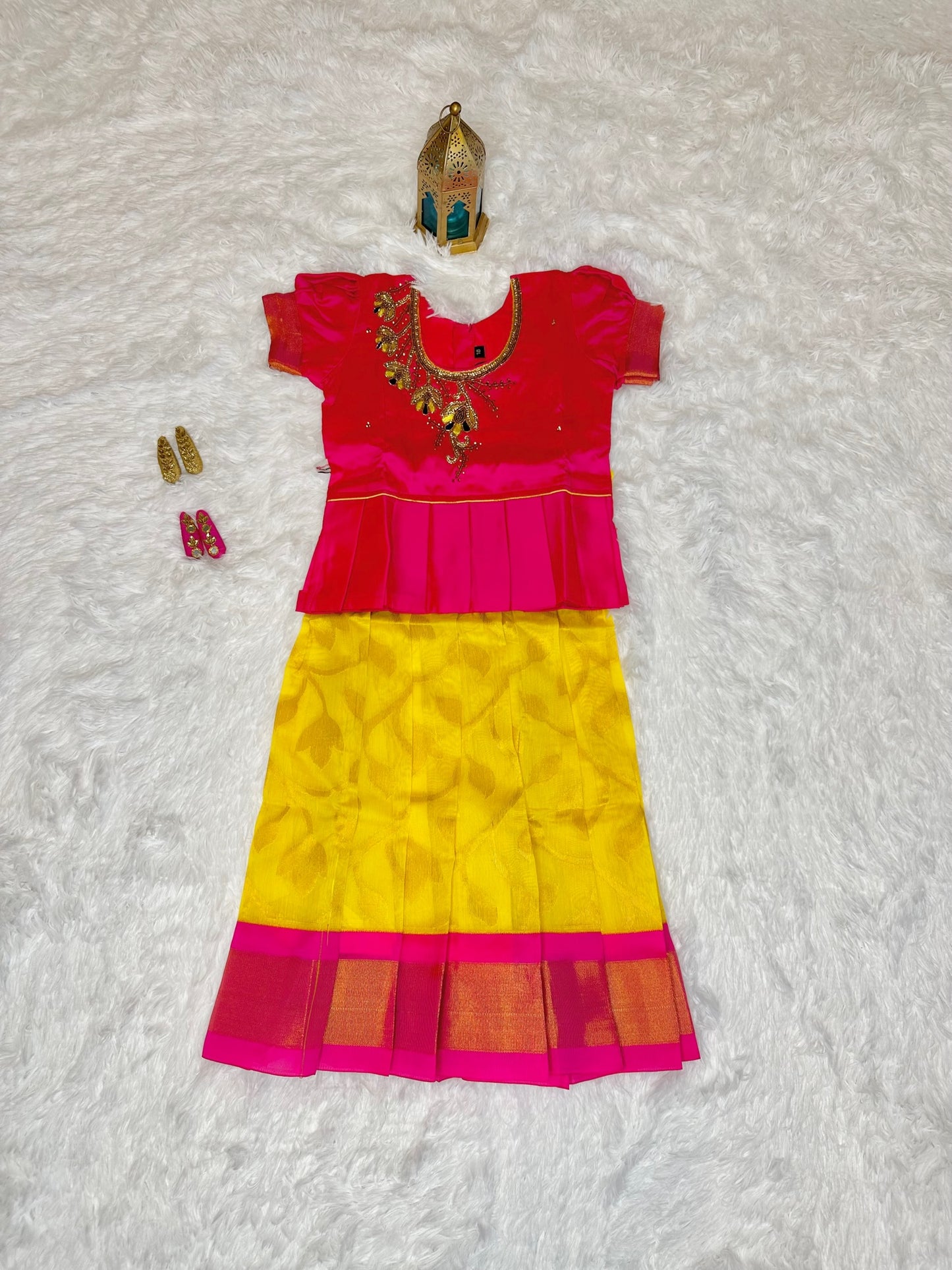 Beautiful silk cotton lehenga(pavadai) set with embroidered blouse(top)