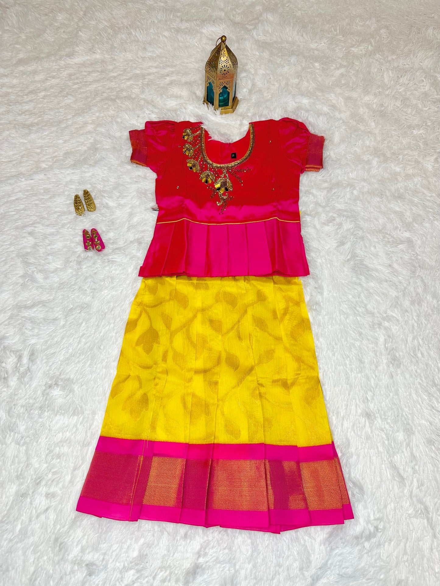 Beautiful silk cotton lehenga(pavadai) set with embroidered blouse(top)