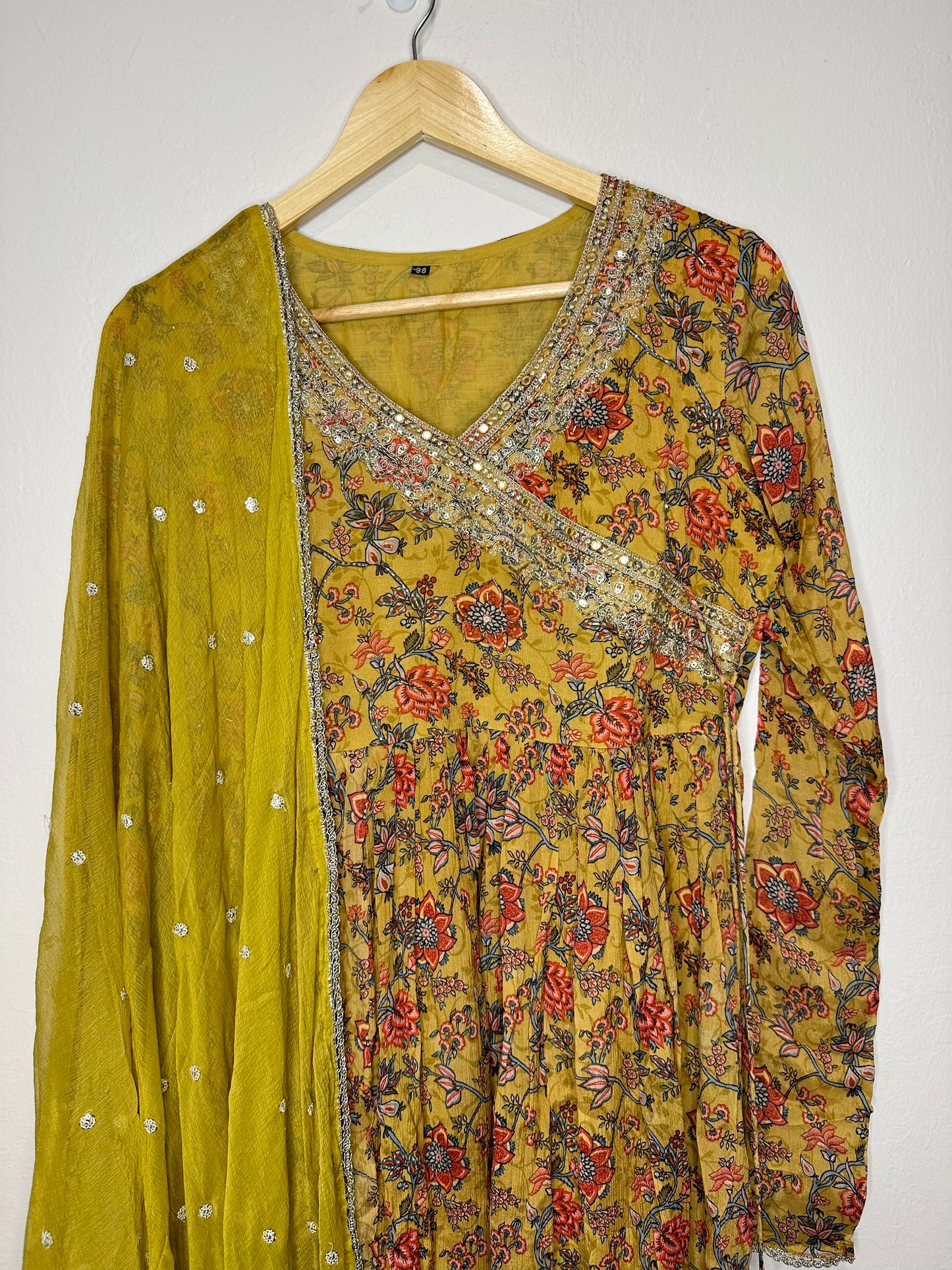 3 piece Anarkali suit with pant and dupatta.