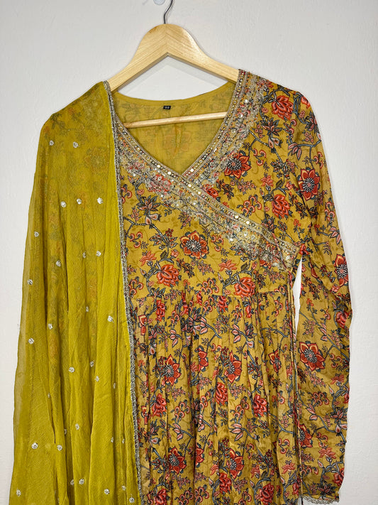 3 piece Anarkali suit with pant and dupatta.