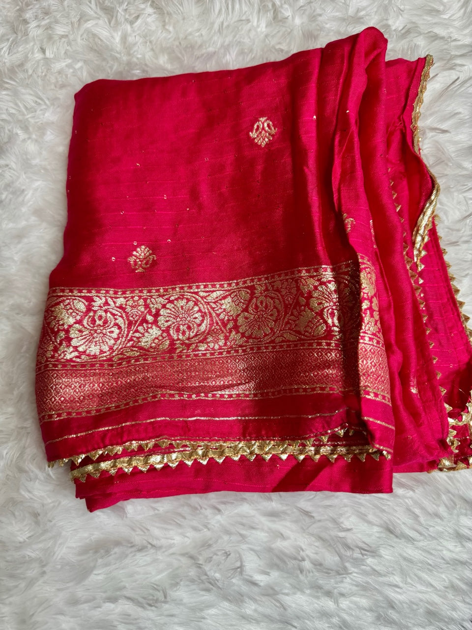 Beautiful 3 piece dola silk suit with bottom and banaras style dupatta.