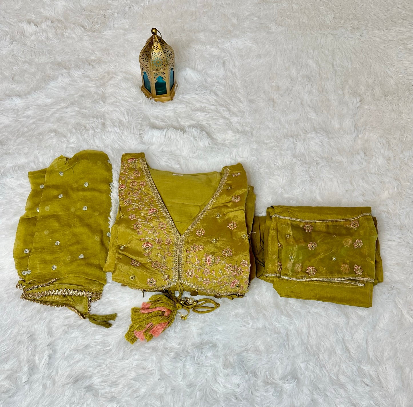 Beautiful chinon suit with pant and dupatta.