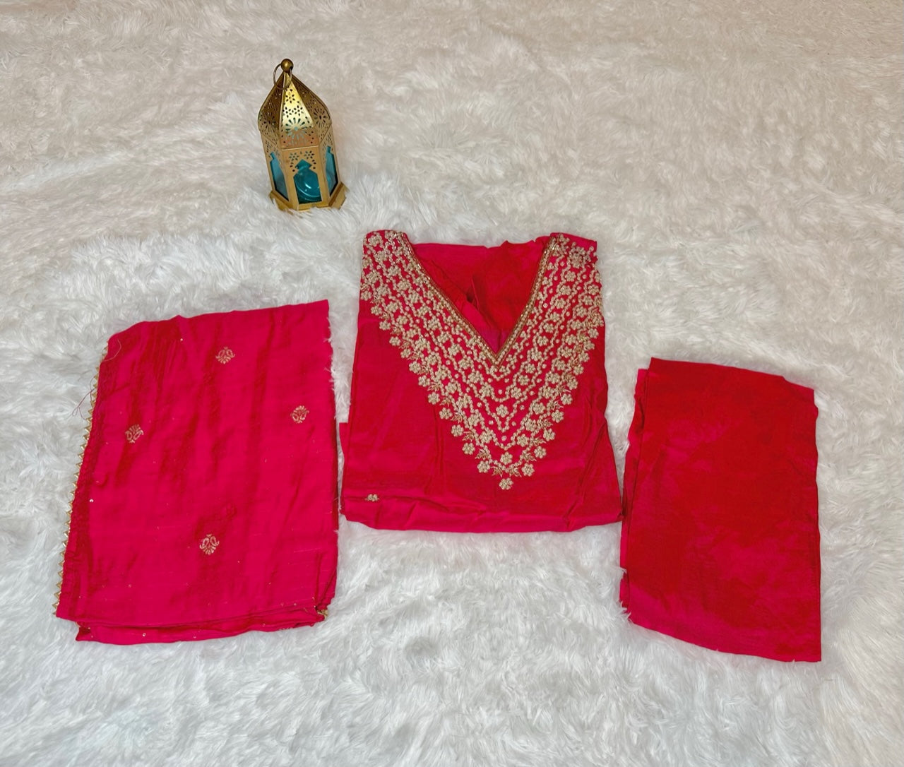 Beautiful 3 piece dola silk suit with bottom and banaras style dupatta.